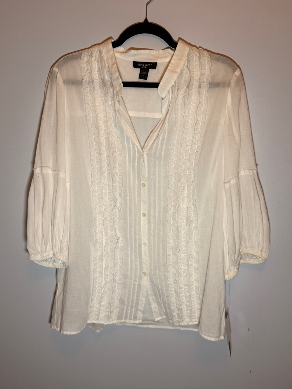 Nine West Cream Ruffle-Trim Button Front Blouse